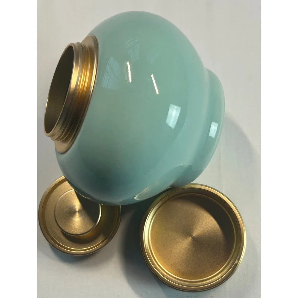 Porcelain Urn Jar Unisex OS Aqua Celadon Gold Trim Ginger Jar